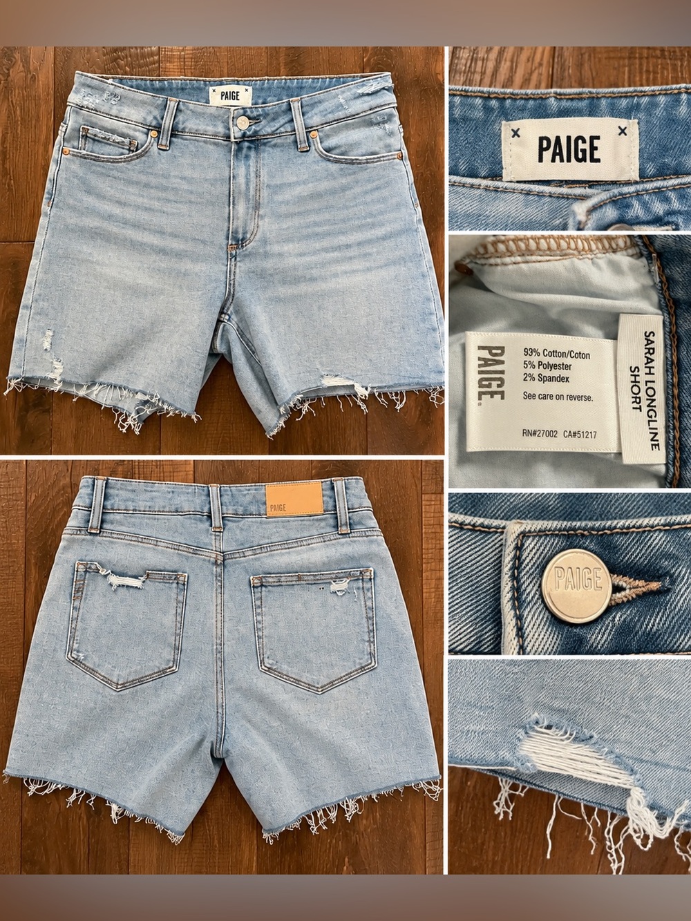 PAIGE Light Wash Frayed Hem Denim Shorts